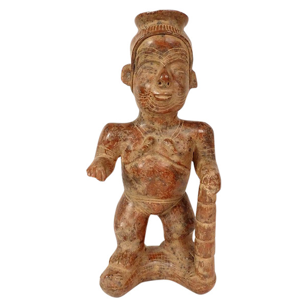 Präkolumbianische Skulptur Colima Mexiko Schamane stehend Stock Schlange Erde