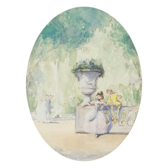 Watercolor gallant scene in a garden signed Drisa