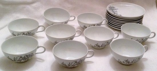 9 Tasses à thé porcelaine Limoges design Françoise Adnet pour Giraud&Brousseau