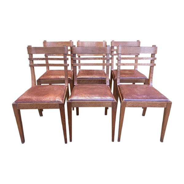 Suite Of 6 Oak And Leather Chairs 1950 "Art Deco