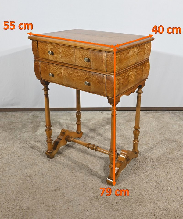 Rare Small Chiffonnière Table in Speckled Amboyna and Cherry, Louis Philippe period – 2nd part