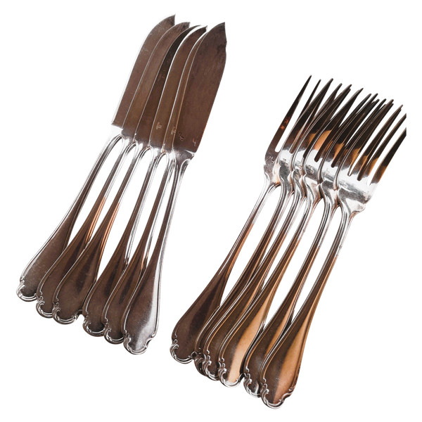 6 pieces of silver-plated fish cutlery Pompadour model Christofle silverware