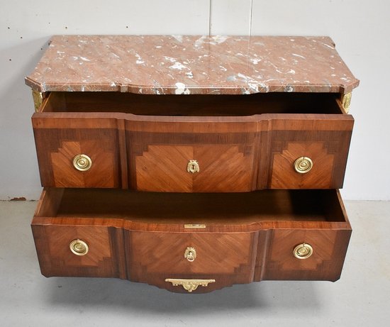 Comò Sauteuse in palissandro e legno viola, transizione Luigi XV / Luigi XVI - seconda parte del XIX secolo