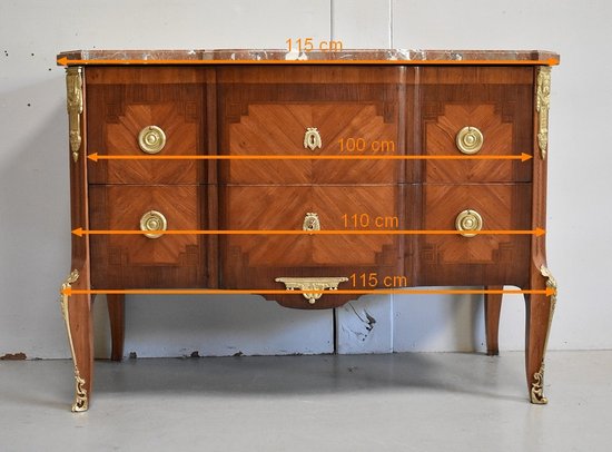 Comò Sauteuse in palissandro e legno viola, transizione Luigi XV / Luigi XVI - seconda parte del XIX secolo