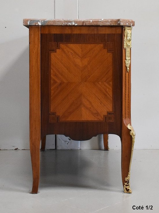 Comò Sauteuse in palissandro e legno viola, transizione Luigi XV / Luigi XVI - seconda parte del XIX secolo