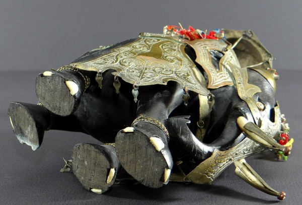 India, First Third Of The 20th Century, Harnessed Elephant Statue In Ebony, Brass, Bones And Stones.