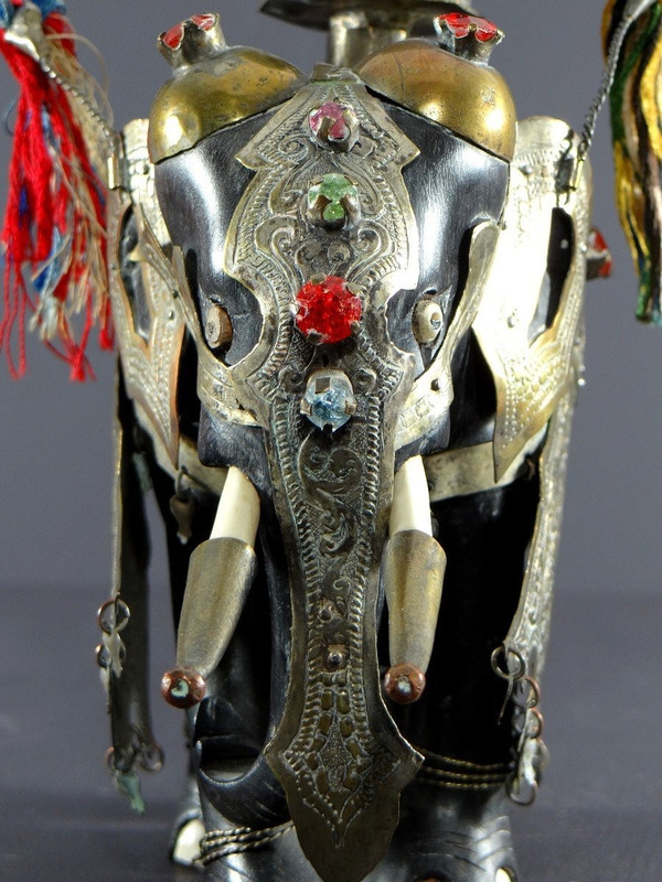 India, First Third Of The 20th Century, Harnessed Elephant Statue In Ebony, Brass, Bones And Stones.