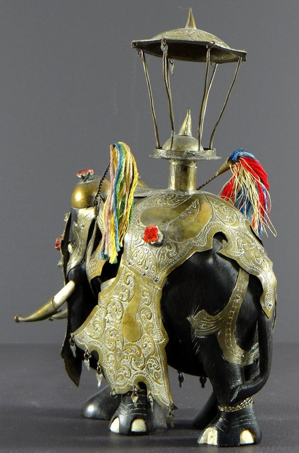 India, First Third Of The 20th Century, Harnessed Elephant Statue In Ebony, Brass, Bones And Stones.