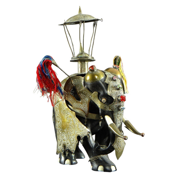 India, First Third Of The 20th Century, Harnessed Elephant Statue In Ebony, Brass, Bones And Stones.