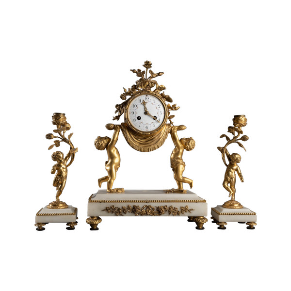 Louis XVI Style Clock and Candlesticks, 19th Century