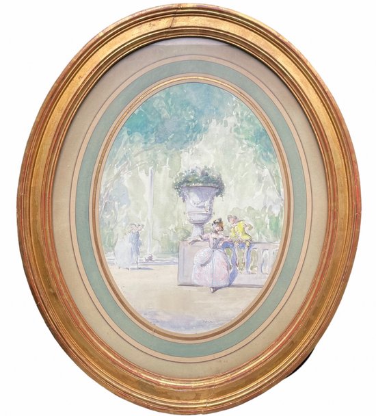 Watercolor gallant scene in a garden signed Drisa