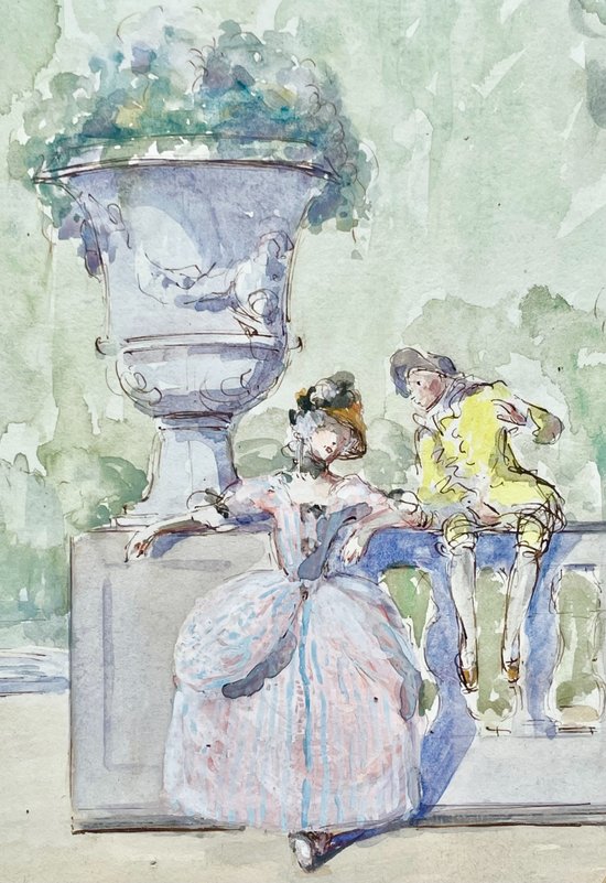 Watercolor gallant scene in a garden signed Drisa