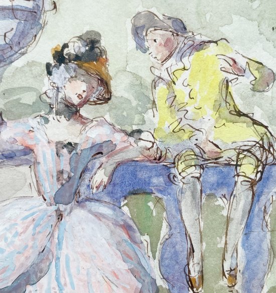 Watercolor gallant scene in a garden signed Drisa