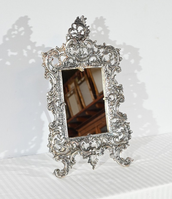 Piccolo specchio da tavolo in bronzo argentato, stile Rocaille - Fine XIX secolo