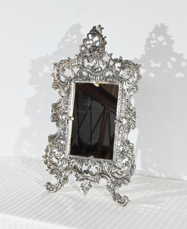 Piccolo specchio da tavolo in bronzo argentato, stile Rocaille - Fine XIX secolo