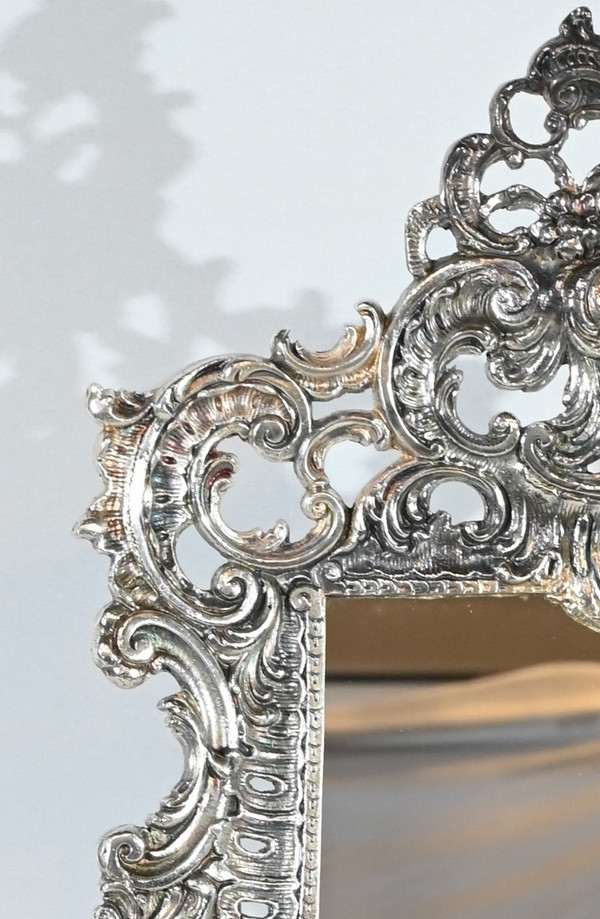 Piccolo specchio da tavolo in bronzo argentato, stile Rocaille - Fine XIX secolo