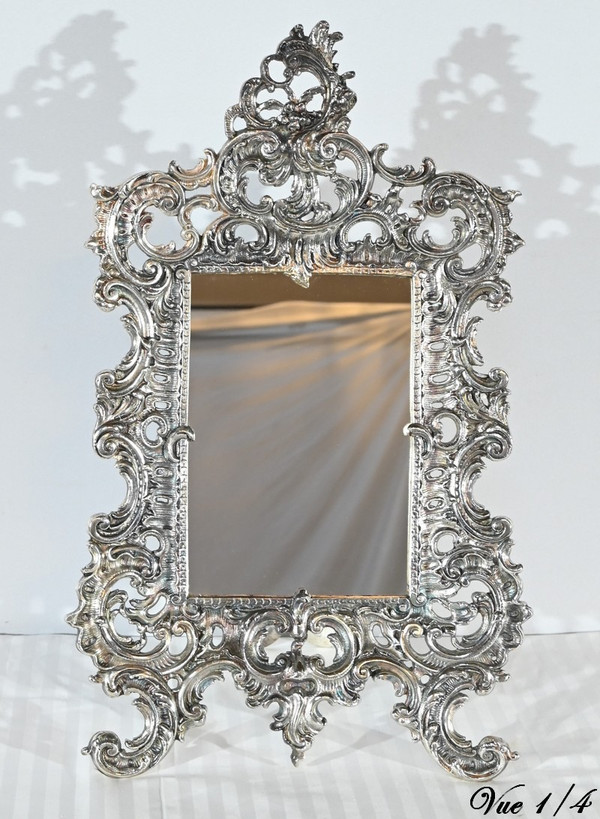 Piccolo specchio da tavolo in bronzo argentato, stile Rocaille - Fine XIX secolo