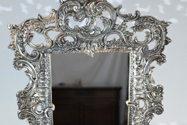 Piccolo specchio da tavolo in bronzo argentato, stile Rocaille - Fine XIX secolo