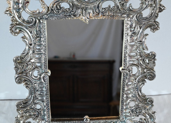 Piccolo specchio da tavolo in bronzo argentato, stile Rocaille - Fine XIX secolo