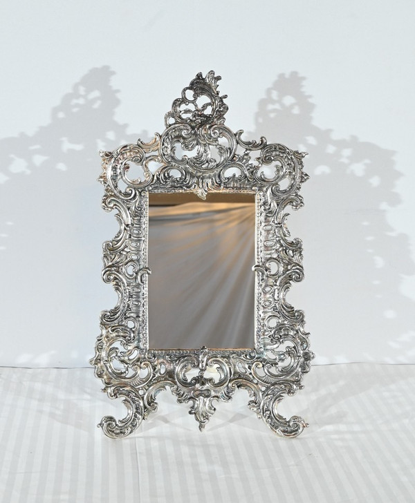 Piccolo specchio da tavolo in bronzo argentato, stile Rocaille - Fine XIX secolo