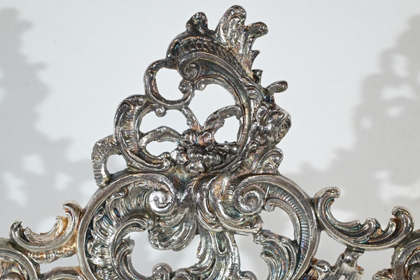 Piccolo specchio da tavolo in bronzo argentato, stile Rocaille - Fine XIX secolo