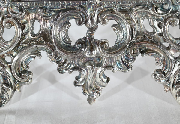 Piccolo specchio da tavolo in bronzo argentato, stile Rocaille - Fine XIX secolo