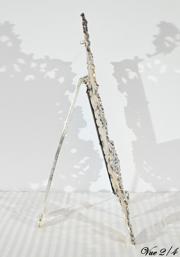 Piccolo specchio da tavolo in bronzo argentato, stile Rocaille - Fine XIX secolo