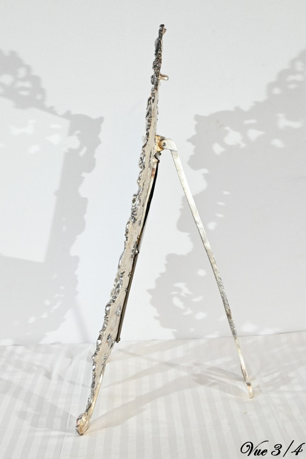 Piccolo specchio da tavolo in bronzo argentato, stile Rocaille - Fine XIX secolo
