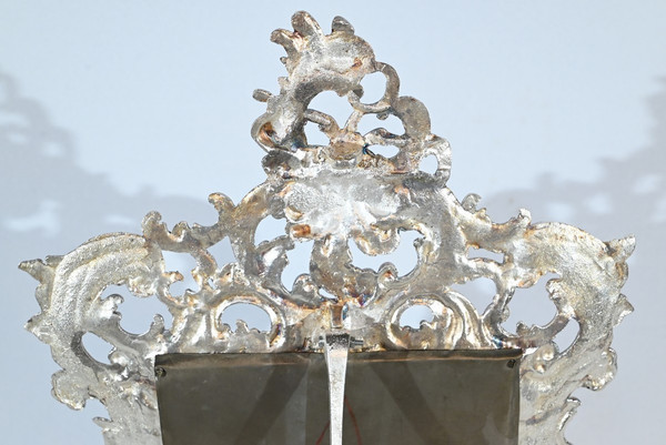 Piccolo specchio da tavolo in bronzo argentato, stile Rocaille - Fine XIX secolo
