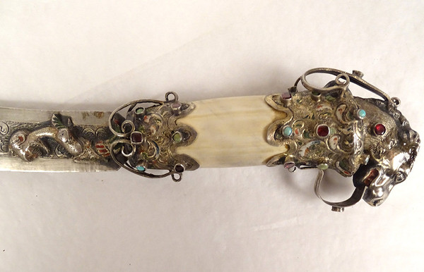 Coltello da carta in argento straniero Testa di felino Chimere in smalto turchese XIX secolo