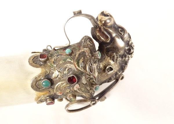 Coltello da carta in argento straniero Testa di felino Chimere in smalto turchese XIX secolo