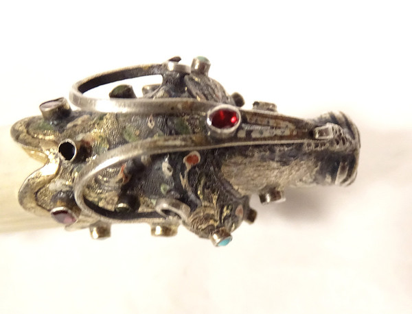 Coltello da carta in argento straniero Testa di felino Chimere in smalto turchese XIX secolo