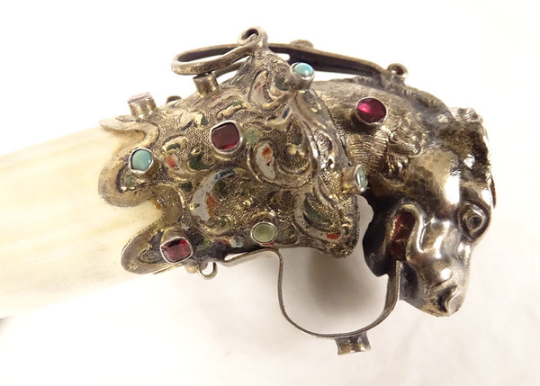 Coltello da carta in argento straniero Testa di felino Chimere in smalto turchese XIX secolo