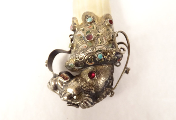 Coltello da carta in argento straniero Testa di felino Chimere in smalto turchese XIX secolo