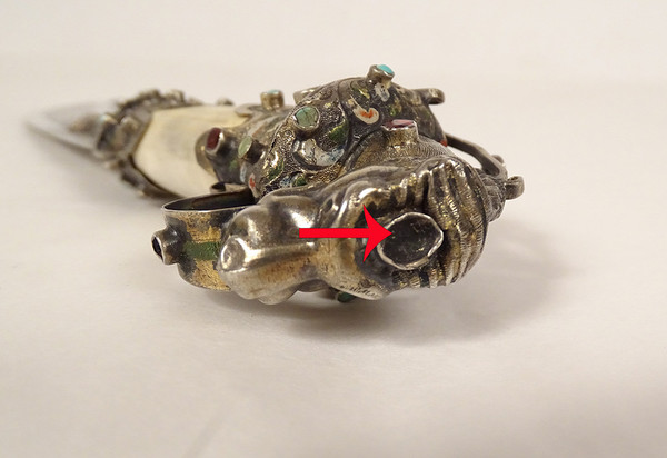 Coltello da carta in argento straniero Testa di felino Chimere in smalto turchese XIX secolo