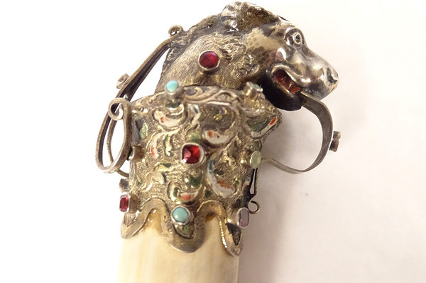 Coltello da carta in argento straniero Testa di felino Chimere in smalto turchese XIX secolo
