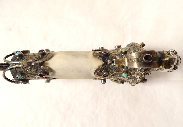 Coltello da carta in argento straniero Testa di felino Chimere in smalto turchese XIX secolo