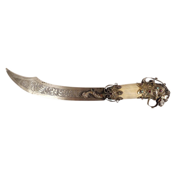 Coltello da carta in argento straniero Testa di felino Chimere in smalto turchese XIX secolo