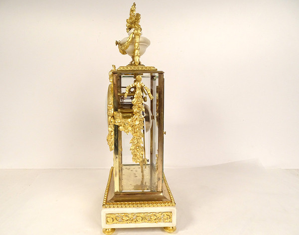 Orologio a gabbia Luigi XVI in marmo bianco e bronzo dorato Coppa Napoleone III XIX secolo