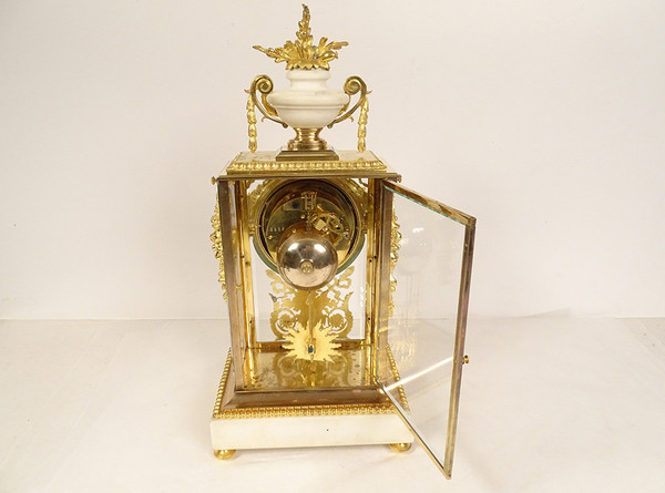 Orologio a gabbia Luigi XVI in marmo bianco e bronzo dorato Coppa Napoleone III XIX secolo