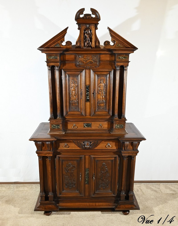 Small two-part sideboard in solid walnut, Renaissance style - Mid-19th century