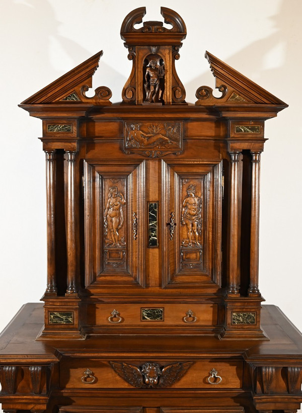 Small two-part sideboard in solid walnut, Renaissance style - Mid-19th century