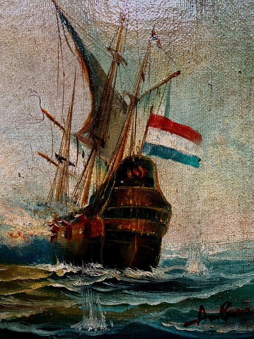 Combat naval du Vaisseau de Guerre le "Futura" oil on canvas marouflaged in its frame 19th century