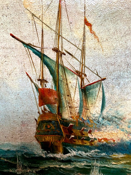 Combat naval du Vaisseau de Guerre le "Futura" oil on canvas marouflaged in its frame 19th century