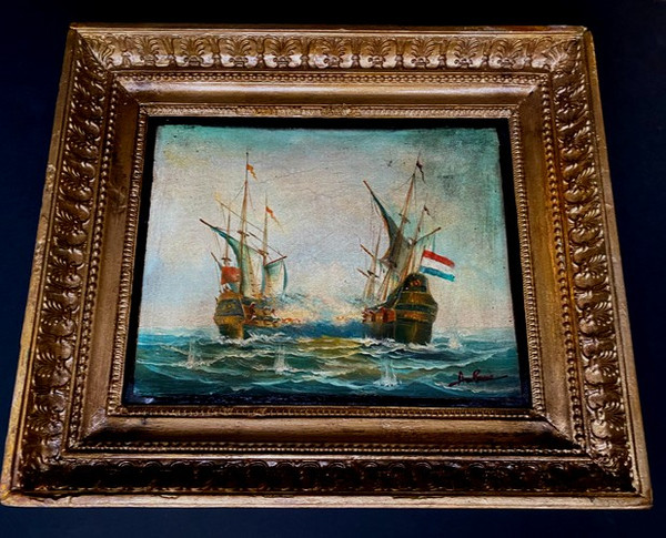 Combat naval du Vaisseau de Guerre le "Futura" oil on canvas marouflaged in its frame 19th century