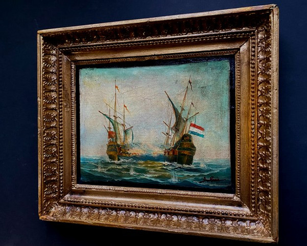 Combat naval du Vaisseau de Guerre le "Futura" oil on canvas marouflaged in its frame 19th century