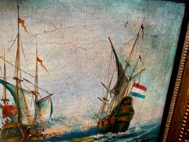 Combat naval du Vaisseau de Guerre le "Futura" oil on canvas marouflaged in its frame 19th century