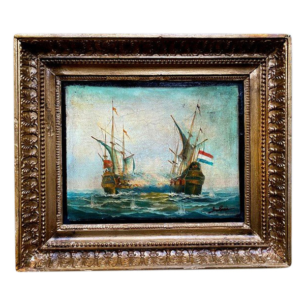 Combat naval du Vaisseau de Guerre le "Futura" oil on canvas marouflaged in its frame 19th century