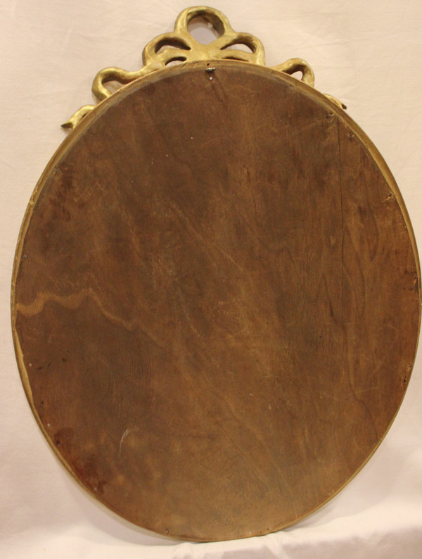 Specchio Ovale In Legno Dorato, Modanatura A Mezzo Giunto, Nodo Luigi XVI 42 X 58 Cm