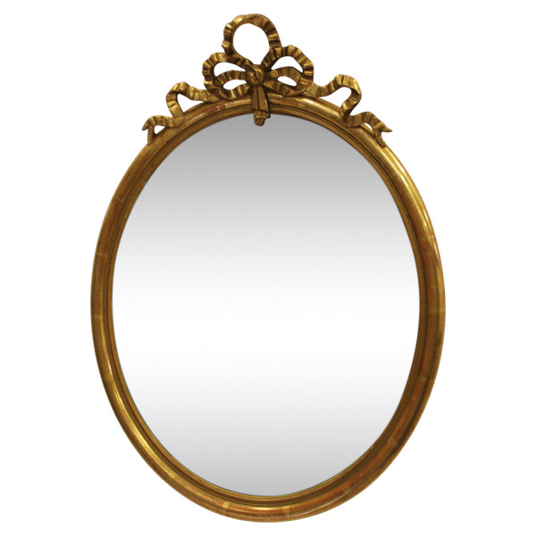 Oval Golden Wood Mirror, Half-rush Molding, Louis XVI Knot 42 X 58 Cm